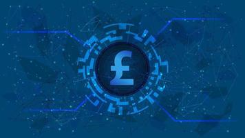 Pound Sterling GBP coin symbol in circle with digital theme on blue background.English currency icon for website or banner. Copy space. Vector EPS10.