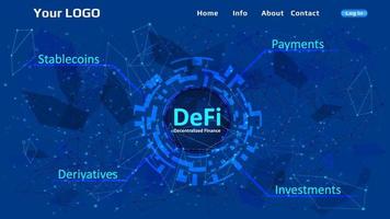 Defi - decentralized finance website template on blue abstract polygonal background. Website header layout. Ecosystem of financial applications and services. Vector EPS10.