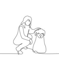 woman squatting petting a dog - one line drawing vector. concept dog owner petting the dog vector