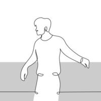 man stands leaning his elbows on the railing and looks into the distance - one line drawing vector. concept observer, waiting vector