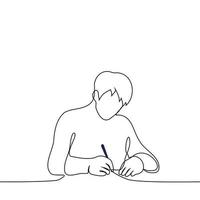 hombre se sienta a el mesa y escribe con un bolígrafo - uno línea dibujo vector. concepto escribir, firmar, escritura vector