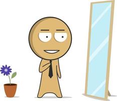 A cartoon of a man looking at a mirror and a flower is in the background. vector