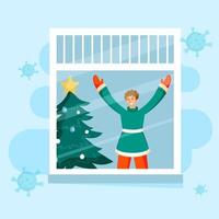 Illustration Of Happiness Man Looking From Window With Decorative Xmas Tree At Christmas Holiday For Avoid Coronavirus, Stay Safe Home. vector