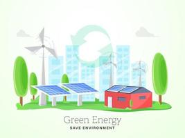 Green Energy Save Environment Concept with House Illustration, Solar Panels, Windmills and Trees on White Background. vector