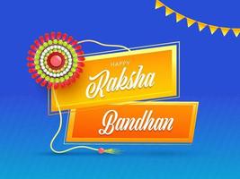 Happy Raksha Bandhan Font with Round Pearl Rakhi and Bunting Flag on Blue Background. vector