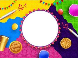 Top View of Indian Sweets with Drink Glass, Color Gun, Balloons, Color Bowls and Empty Circular Frame on Colorful Abstract Pattern Background. vector