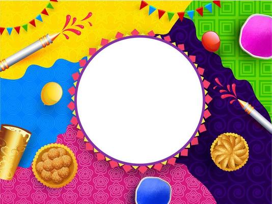 Top View of Indian Sweets with Drink Glass, Color Gun, Balloons, Color Bowls and Empty Circular Frame on Colorful Abstract Pattern Background.