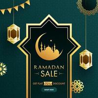 Islamic Holy Month of Ramadan, Sale Concept with Golden Cresent Moon, Mosque and Hanging Lanterns on Green Background. vector