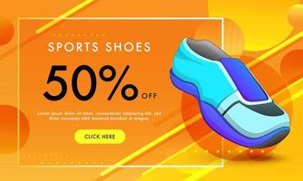 Sport Shoes banner design with discount offer on orange geometric elements background for Advertising concept. vector