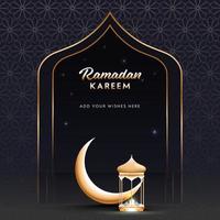 Islamic holy month of Ramadan Kareem concept with golden crescent moon and illuminated latern on arabic patterned background. vector