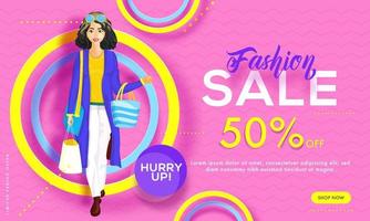 Fashion Sale banner design with discount offer and fashionable young girl holding shopping bag on pink wavy pattern background. vector