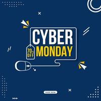 Cyber Monday Text with Line Art Mouse and Discount Tag on Blue Background for Sale, vector