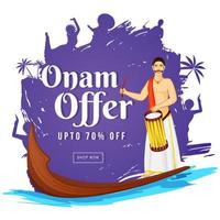 Onam Sale Poster Design with Discount Offer, Aranmula Boat, South Indian Drummer and Purple Brush Stroke Effect on White Background. vector