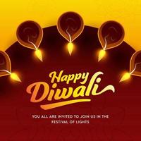 Top View Of Illuminated Oil Lamps Decorated on Red and Yellow Mandala Background for Happy Diwali Celebration. vector