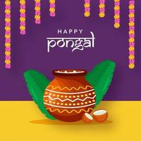 Illustration Of Traditional Dish Mud Pot With Banana Leaves, Coconut, Flower Garland On Purple And Yellow Background For Happy Pongal. vector