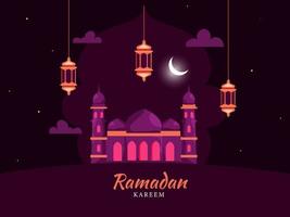 Islamic Holy Month of Ramadan Concept with Hanging Lanterns with Mosque and Crescent Moon. vector