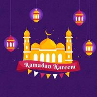 Islamic Holy Month of Ramadan Concept with Hanging Illuminating Lanterns, Mosque, and Bunting Flags on Purple Background. vector