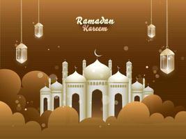 Islamic holy month of prayers, Ramadan Kareem with beautiful mosque, hanging illuminated lanterns, and clouds on brown background. vector