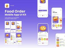 Food Order Mobile App UI Kit Including Login, Register, Food Menu, Booking And Service Type Review Screens. vector