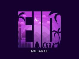 Night view with crescent moon and Muslim People silhouette inside Eid Text, Islamic festival Eid Mubarak concept on purple background. vector