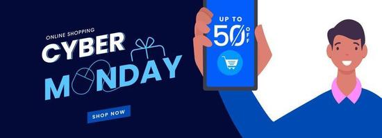 Cyber Monday Header or Banner Design with Man Showing Smartphone and Discount Offer for Sale. vector