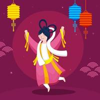 Chinese Goddess Character in Dancing or Jumping Pose with Hanging Colorful Lanterns on Dark Pink Background. vector