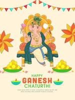 hindú mitología señor ganesha en trono ídolo con laddu platos y petróleo lámpara en el ocasión de contento ganesh chaturthi. vector