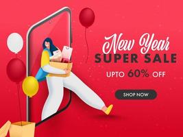 For New Year Super Sale Poster Design With Customer Woman Shopping On Smartphone. vector