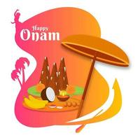 Happy Onam Celebration Concept with Thrikkakara Appan Idol, Fruits, Worship Plate and Maveli Olakkuda on Abstract Background. vector