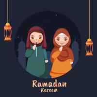 Islamic Holy Month of Ramadan Kareem with Hanging Golden Lanterns and Muslim Couple on Night Stary Background. vector