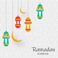 Islamic Holy Month of Ramadan Concept with Hanging Illuminating Lanterns, and Crescent Moon on Textured Background. vector