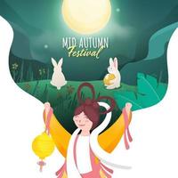 Mid Autumn Festival Poster Design with Chinese Goddess Holding a Lantern and Bunnies on Full Moon Green Nature Background. vector