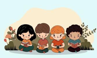 niños caracteres leyendo libros en sentado actitud en contra naturaleza antecedentes. vector