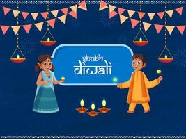 Cute Kids Enjoying with Sparkler Stick and Lit Oil Lamp on Blue Brush Texture Background for Happy Diwali. vector