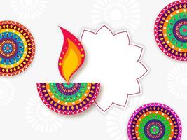 Creative Colorful Lit Oil Lamp With Mandala Patterns And Empty Frame On White Background. vector