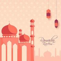 Islamic Holy Month of Ramadan Kareem Concept with Beautiful Mosque, Hanging Lanterns on Textured Background. vector