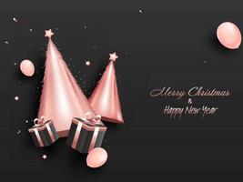 lustroso rosado Navidad árbol conos con estrellas, realista regalo cajas y globos decorado negro antecedentes para alegre Navidad nuevo año. vector