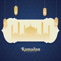 Islamic Holy Month of Ramadan Kareem concept with hanging lanterns, and mosque on blue background. vector