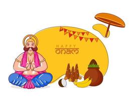 Illustration of Happiness King Mahabali Doing Namaste in Sitting Pose with Thrikkakara Appan Idol, Fruits and Worship Pot on Yellow and White Background for Happy Onam. vector