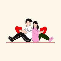Young Couple Character Sitting With Back To Each Other And Holded Hearts On Beige Background. vector