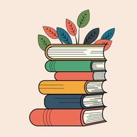 Stack Of Books And Leaves On Pastel Peach Background. vector