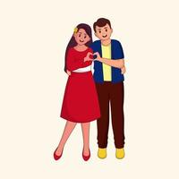 ilustración de alegre joven Pareja haciendo un corazón desde su manos en en pie pose. vector