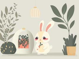 Flat Style Cute Rabbit Or Bunny Character Carrot Holding With Jar, Leaves Plants Decorative Grey Background And Hanging Pendant Lamp. Happy Easter Day Concept. vector