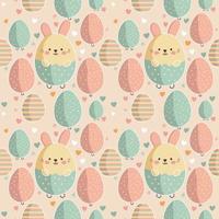 Flat Style Easter Egg Shapes With Cute Rabbit Cartoons And Hearts Decorative Beige Background. Happy Easter Day Concept. vector