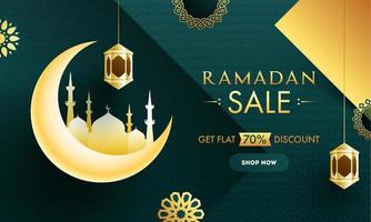 Islamic Holy Month of Ramadan Sale Concept with Golden Crescent Moon, Mosque and Hanging Lantern on Green and Golden Background. vector