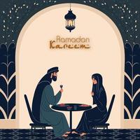 Ramadán kareem concepto con musulmán Pareja personaje a comida mesa. vector