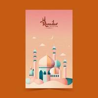 Ramadan Kareem Vertical Banner Design With Beautiful Mosque, Crescent Moon On Gradient Pink Background. vector