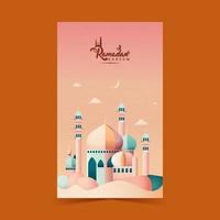 Ramadan Kareem Vertical Banner Design With Beautiful Mosque, Crescent Moon On Gradient Pink Background. vector