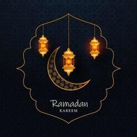 Islamic Holy Month of Ramadan Kareem with Golden Illuminated Lanterns and Crescent Moon on Teal Blue Background. vector