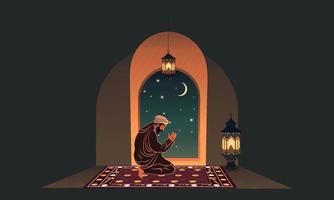 musulmán hombre personaje ofrecimiento namaz en estera con ardiente linterna en frente de ventana o puerta en creciente Luna noche para eid o Ramadán concepto. vector